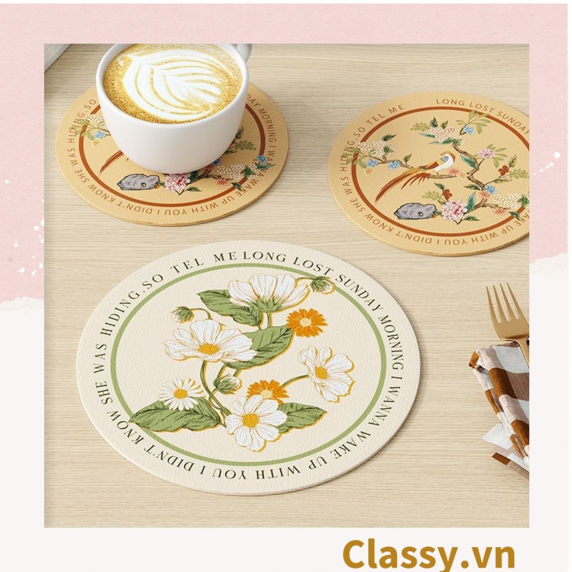 Classy Miếng lót đế ly, lót đế cốc bằng da thấm hút tốt, nhiều họa tiết PK1512