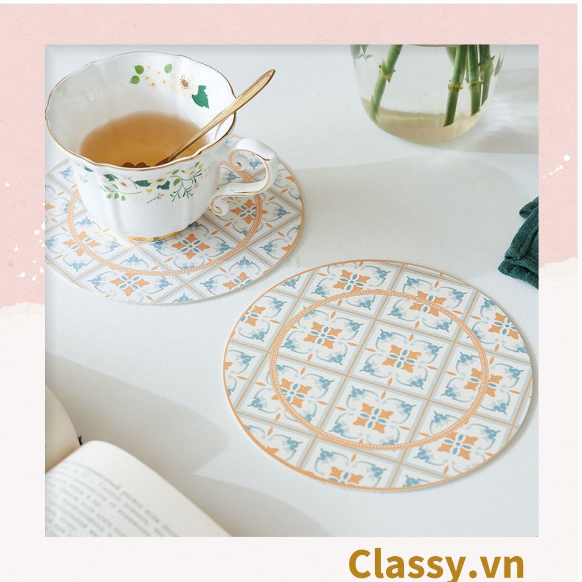Classy Miếng lót đế ly, lót đế cốc bằng da thấm hút tốt, nhiều họa tiết PK1512