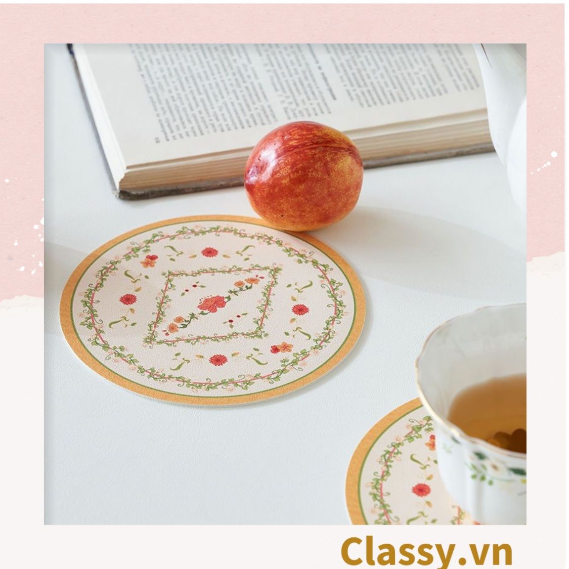 Classy Miếng lót đế ly, lót đế cốc bằng da thấm hút tốt, nhiều họa tiết PK1512