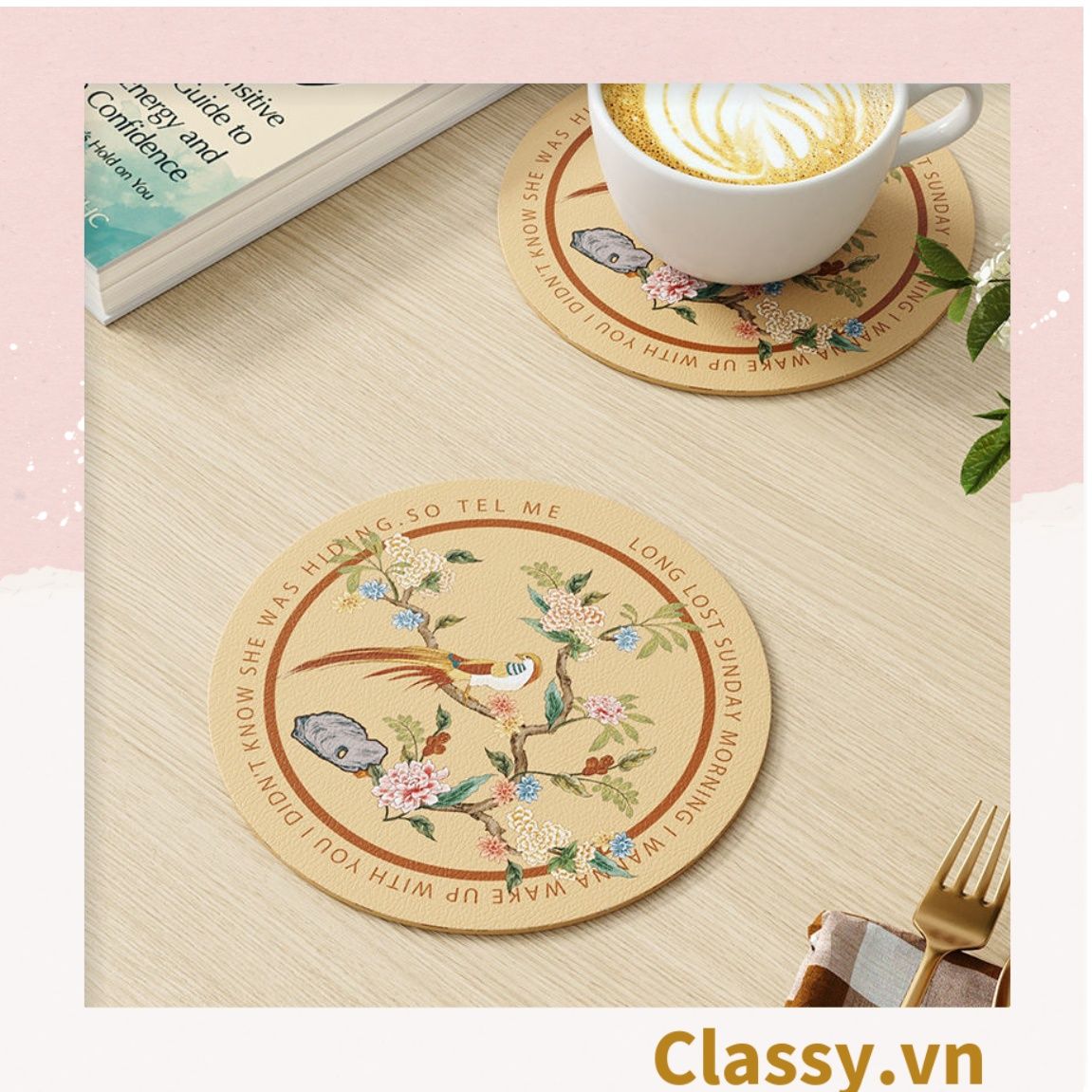 Classy Miếng lót đế ly, lót đế cốc bằng da thấm hút tốt, nhiều họa tiết PK1512