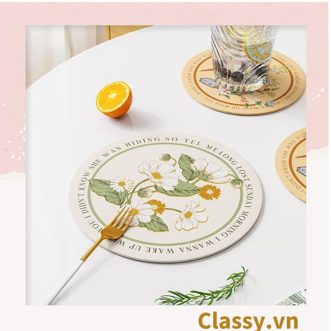  Classy Miếng lót đế ly, lót đế cốc bằng da thấm hút tốt, nhiều họa tiết PK1512 