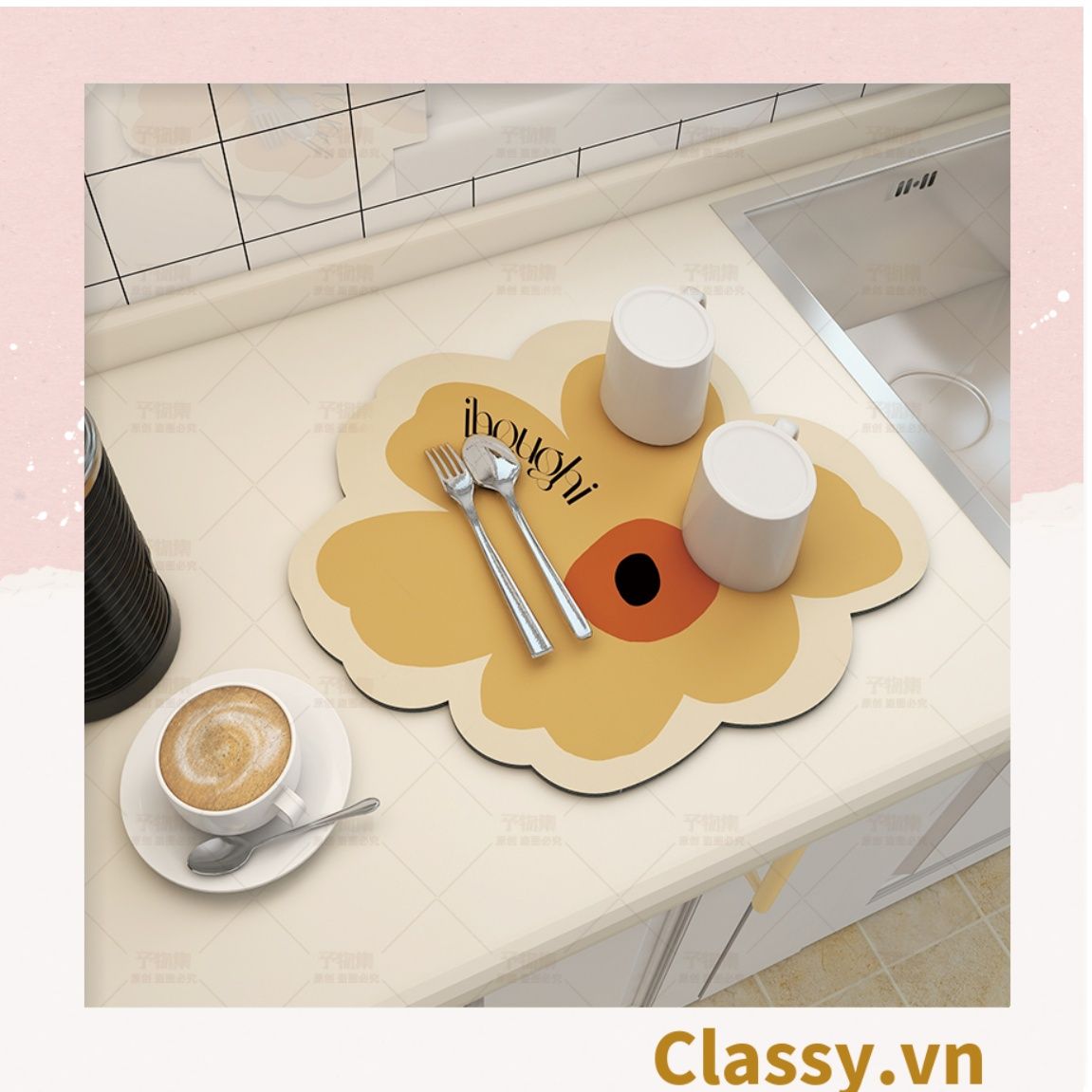 Classy Miếng lót bàn ăn bằng da thấm hút tốt, kiểu dáng bông hoa PK1513