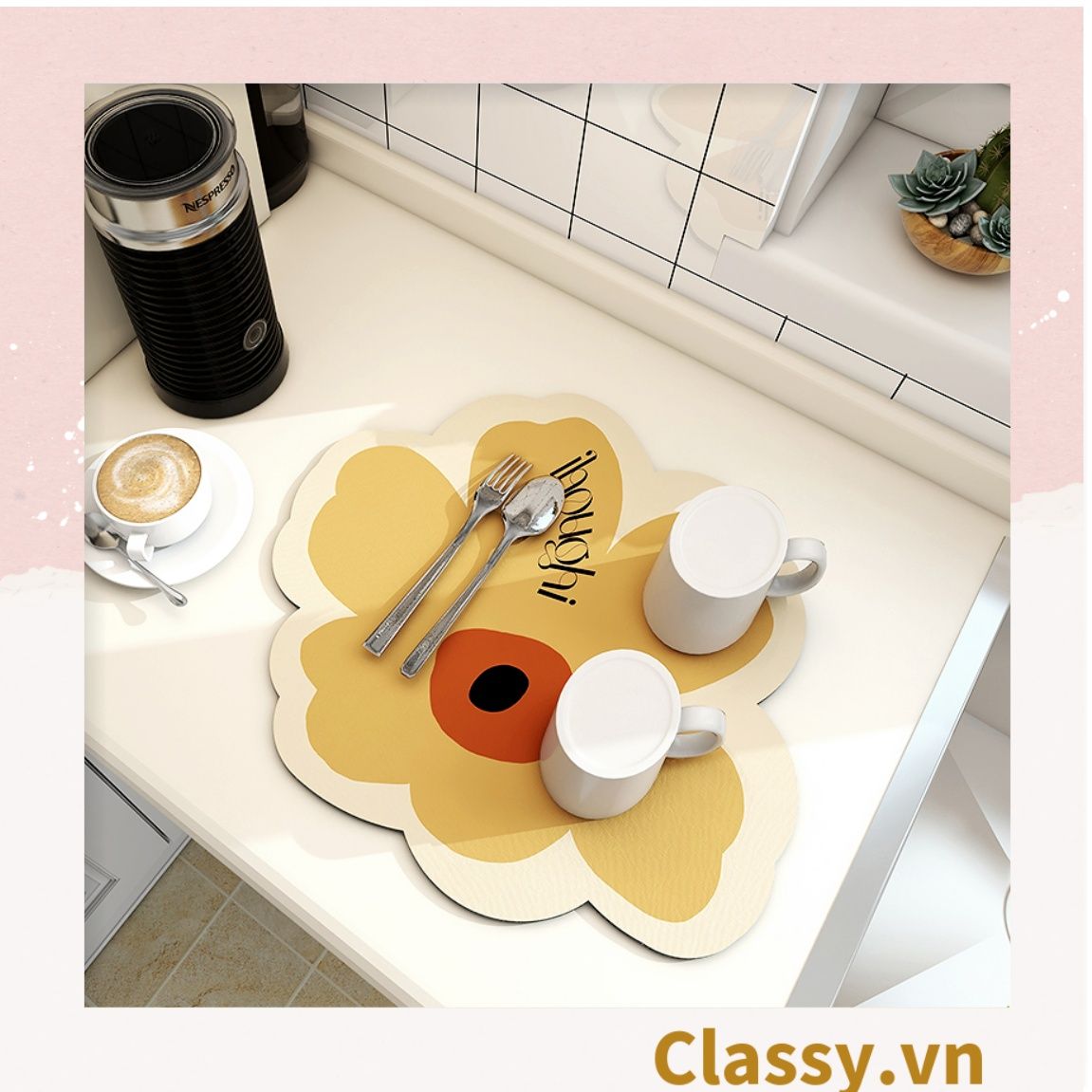 Classy Miếng lót bàn ăn bằng da thấm hút tốt, kiểu dáng bông hoa PK1513