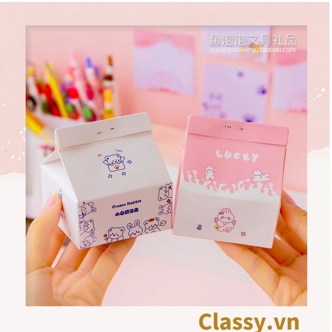 Classy Hộp giấy note, giấy ghi chú hình hộp sữa, có khe rút tiện lợi PK1520