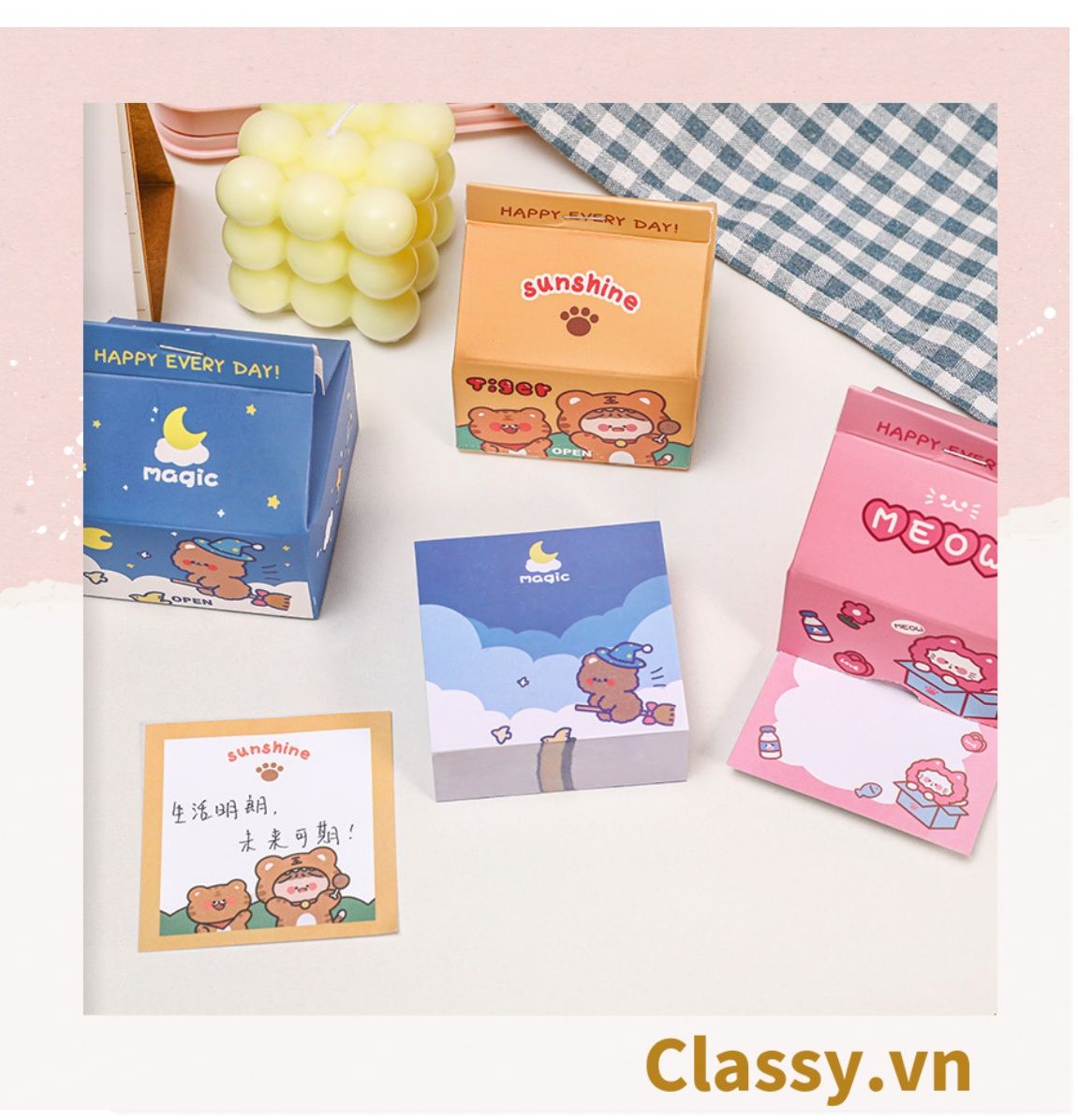 Classy Hộp giấy note, giấy ghi chú hình hộp sữa, có khe rút tiện lợi PK1520