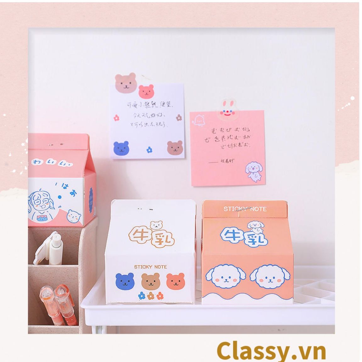 Classy Hộp giấy note, giấy ghi chú hình hộp sữa, có khe rút tiện lợi PK1520