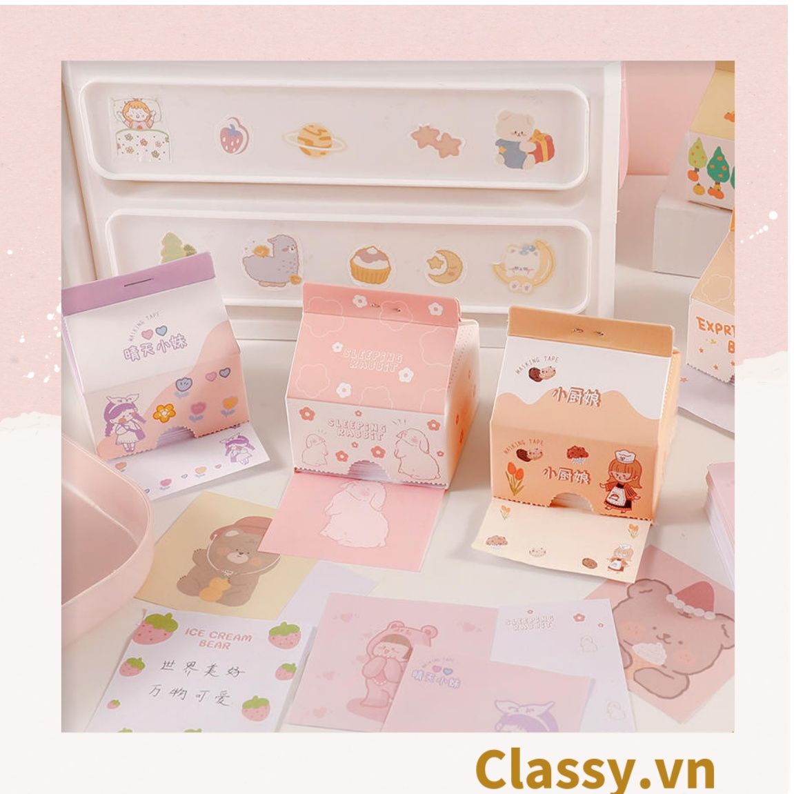 Classy Hộp giấy note, giấy ghi chú hình hộp sữa, có khe rút tiện lợi PK1520