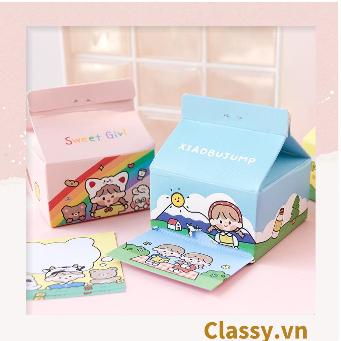 Classy Hộp giấy note, giấy ghi chú hình hộp sữa, có khe rút tiện lợi PK1520