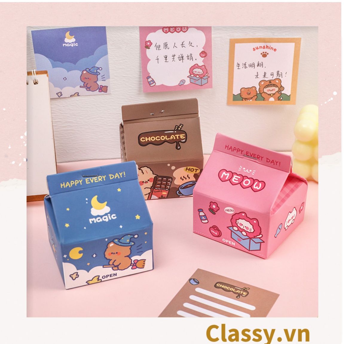 Classy Hộp giấy note, giấy ghi chú hình hộp sữa, có khe rút tiện lợi PK1520