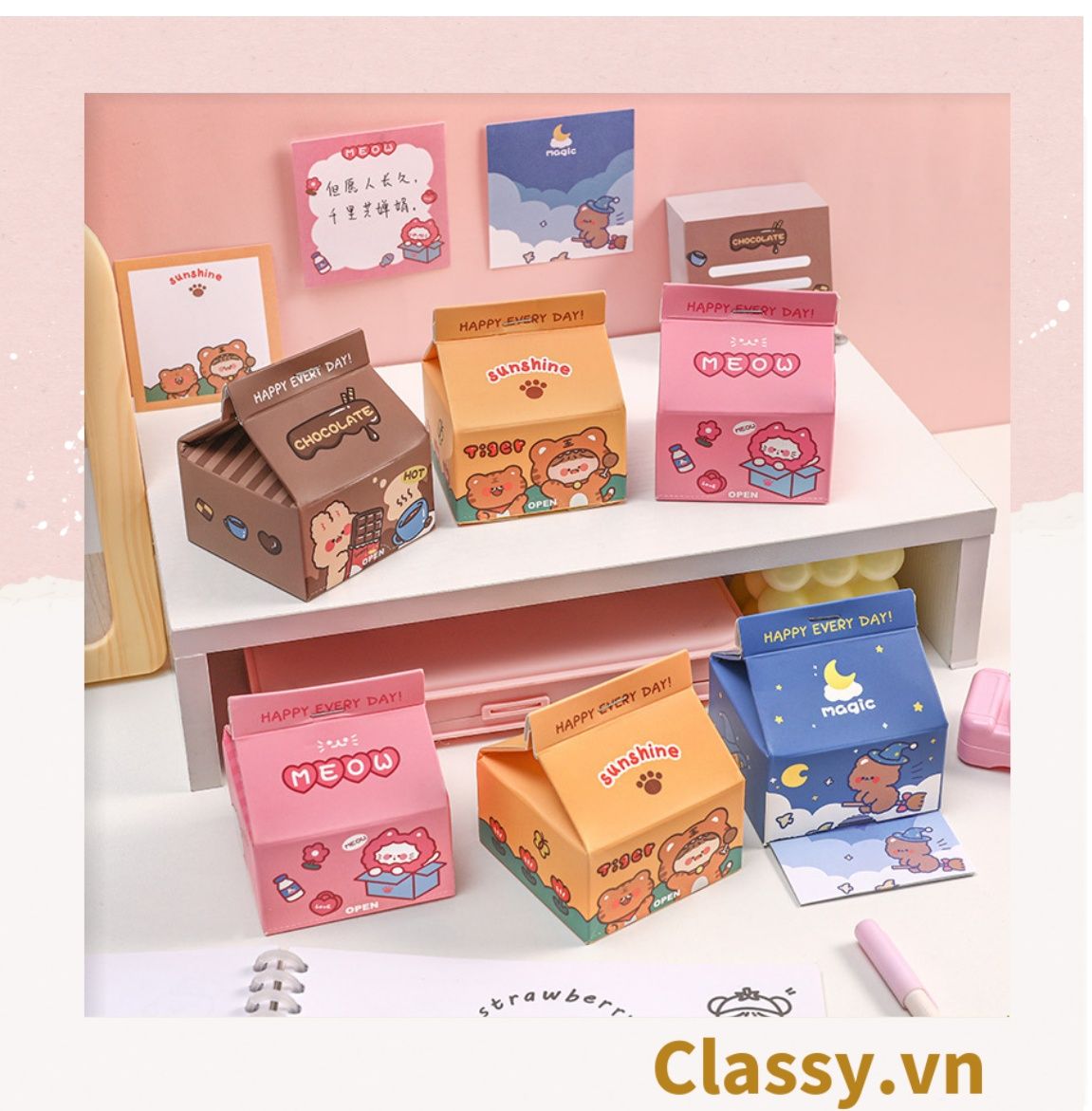 Classy Hộp giấy note, giấy ghi chú hình hộp sữa, có khe rút tiện lợi PK1520