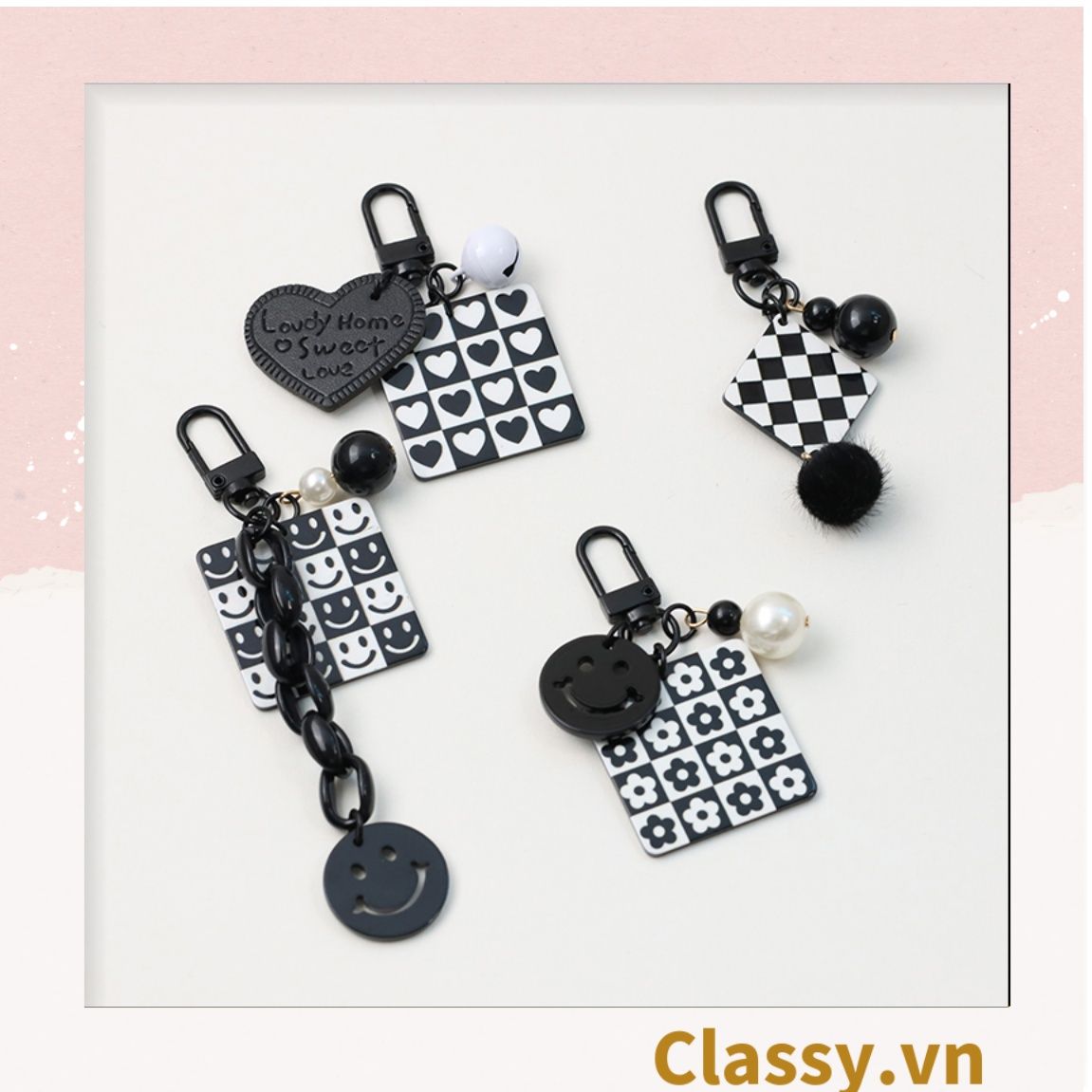 Classy Móc khóa trắng đen nhiều họa tiết độc đáo, móc khóa điện thoại, balo thời trang PK1540