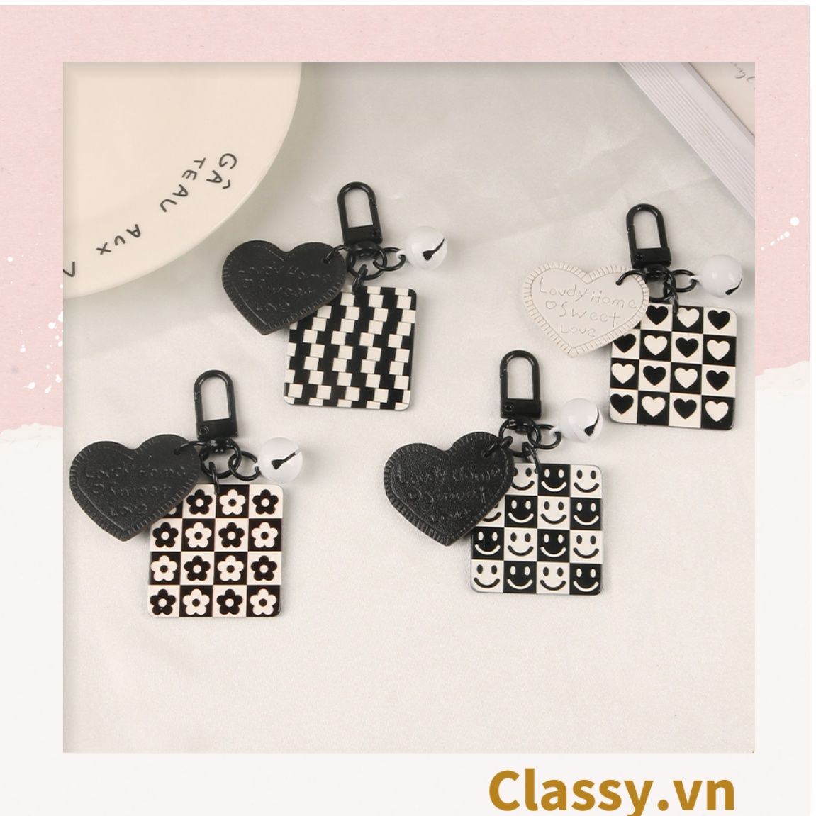 Classy Móc khóa trắng đen nhiều họa tiết độc đáo, móc khóa điện thoại, balo thời trang PK1540