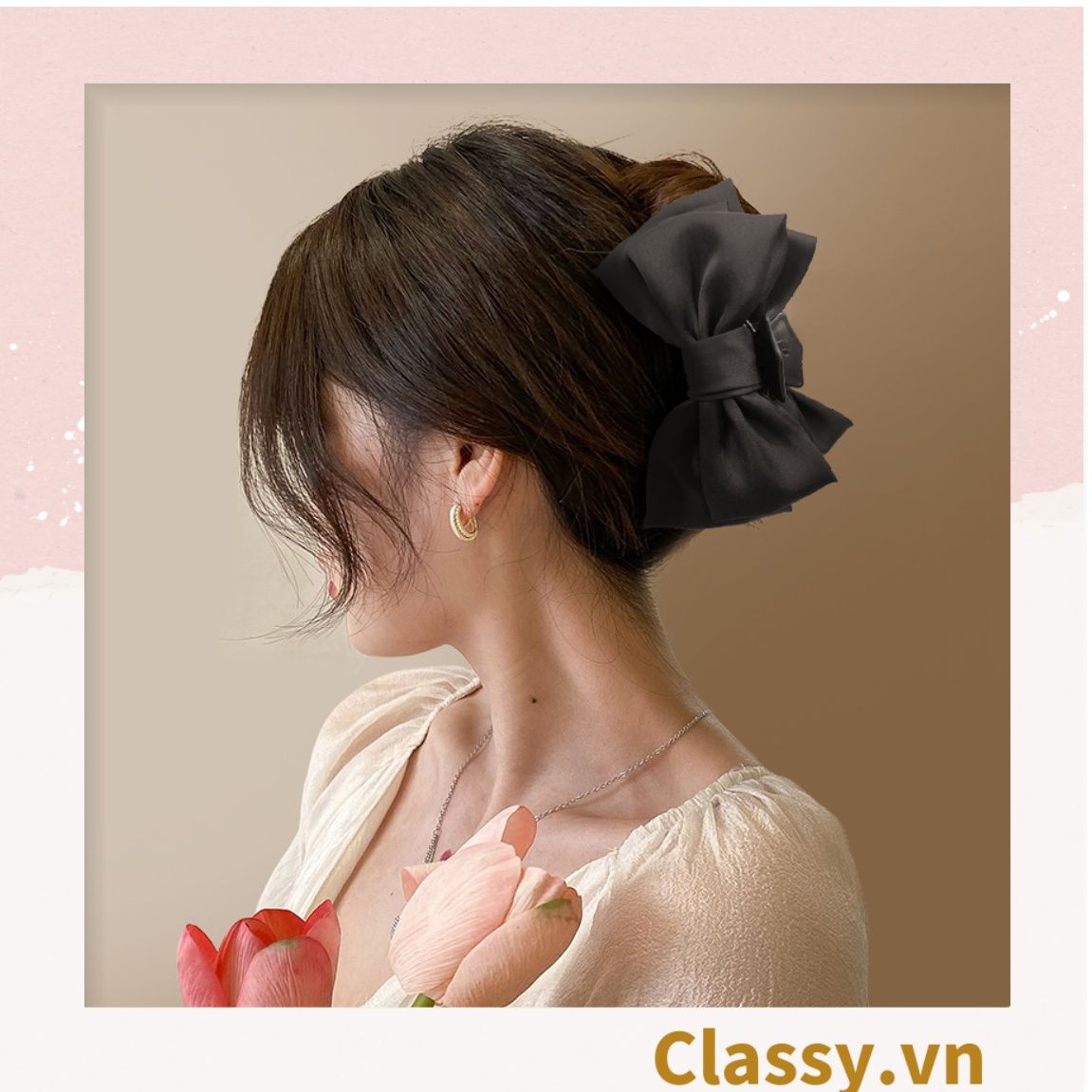 Classy Kẹp càng cua, kẹp tóc đính nơ bảng lớn, dễ tạo kiểu, không gây rụng tóc PK1554