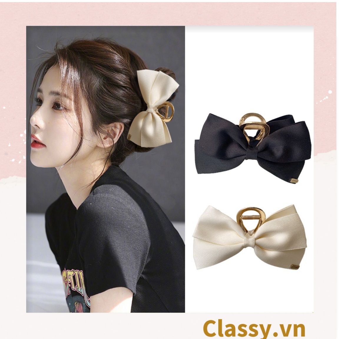 Classy Kẹp càng cua, kẹp tóc đính nơ bảng lớn, dễ tạo kiểu, không gây rụng tóc PK1554