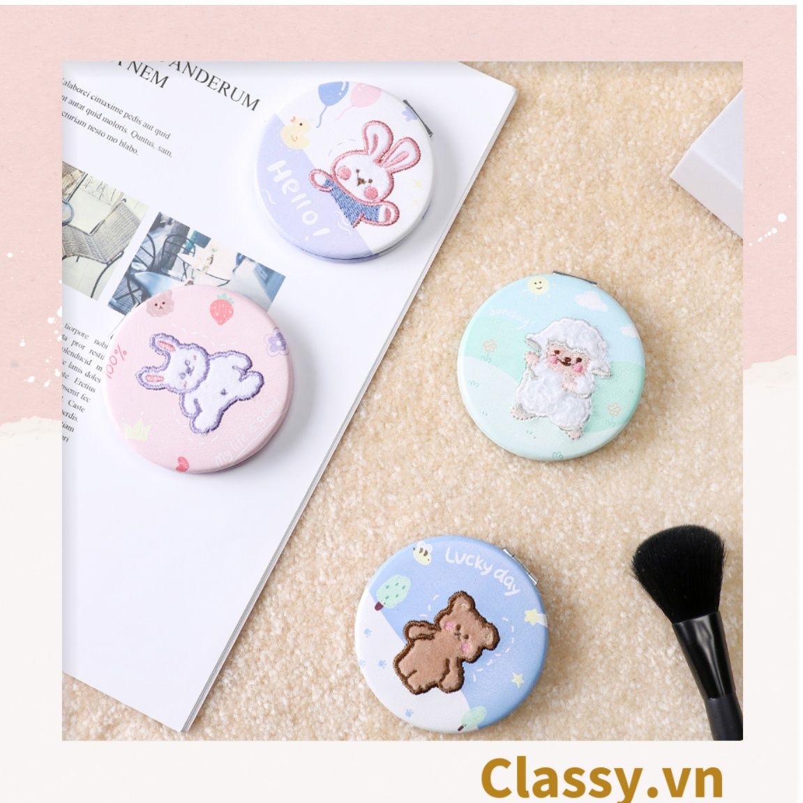 Gương mini cầm tay 2 mặt với nhiều họa tiết đáng yêu PK1562