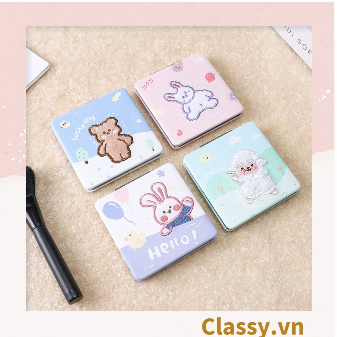 Gương mini cầm tay 2 mặt với nhiều họa tiết đáng yêu PK1562