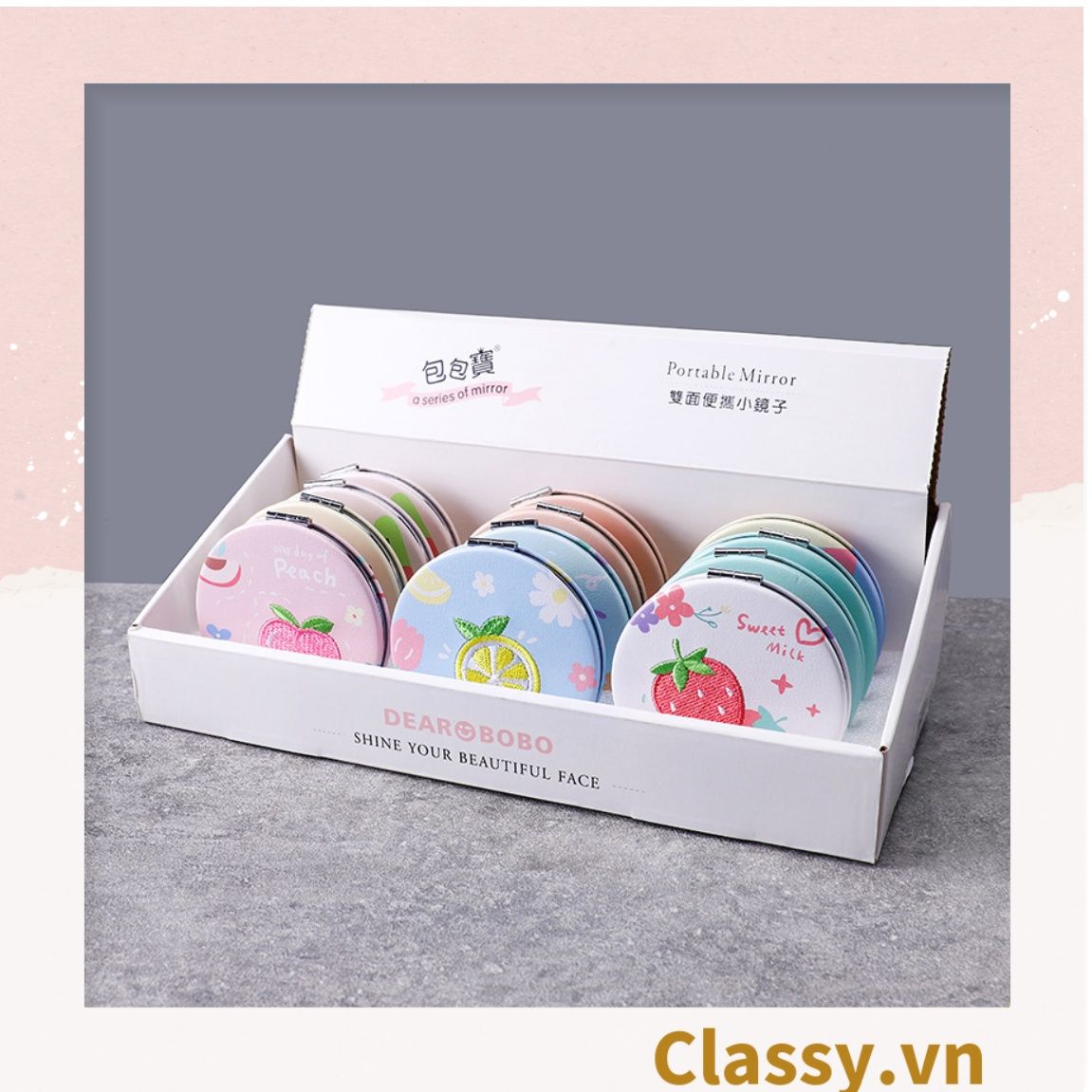 Gương mini cầm tay 2 mặt với nhiều họa tiết đáng yêu PK1562