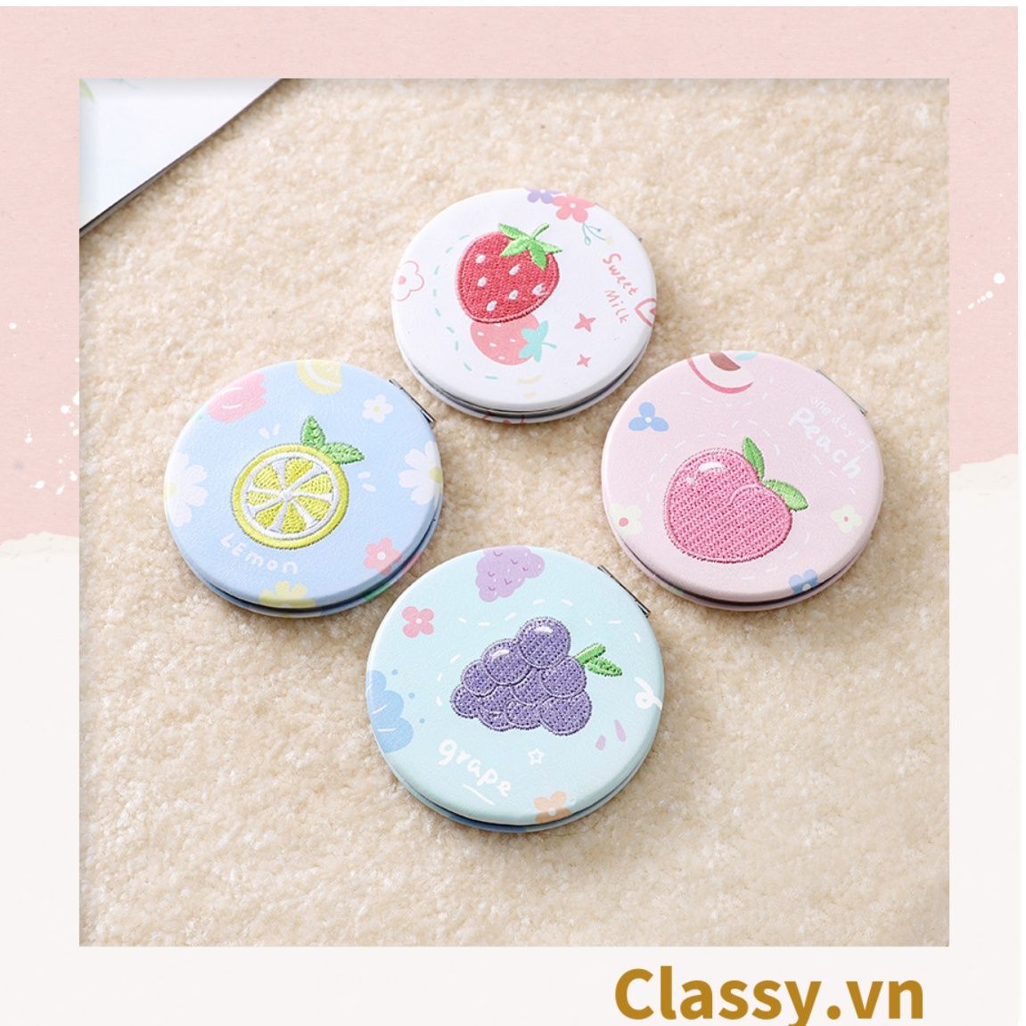 Gương mini cầm tay 2 mặt với nhiều họa tiết đáng yêu PK1562