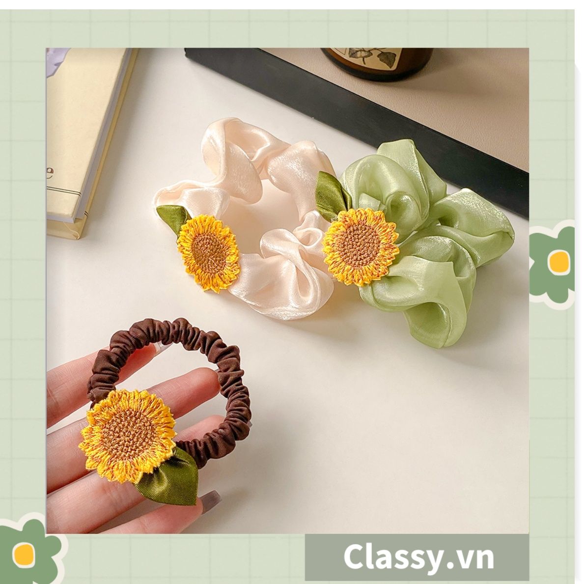  Classy Dây cột tóc, Scrunchies hoa hướng dương phong cách hàn quốc PK1575 