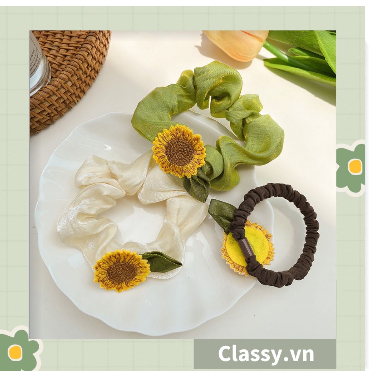 Classy Dây cột tóc, Scrunchies hoa hướng dương phong cách hàn quốc PK1575