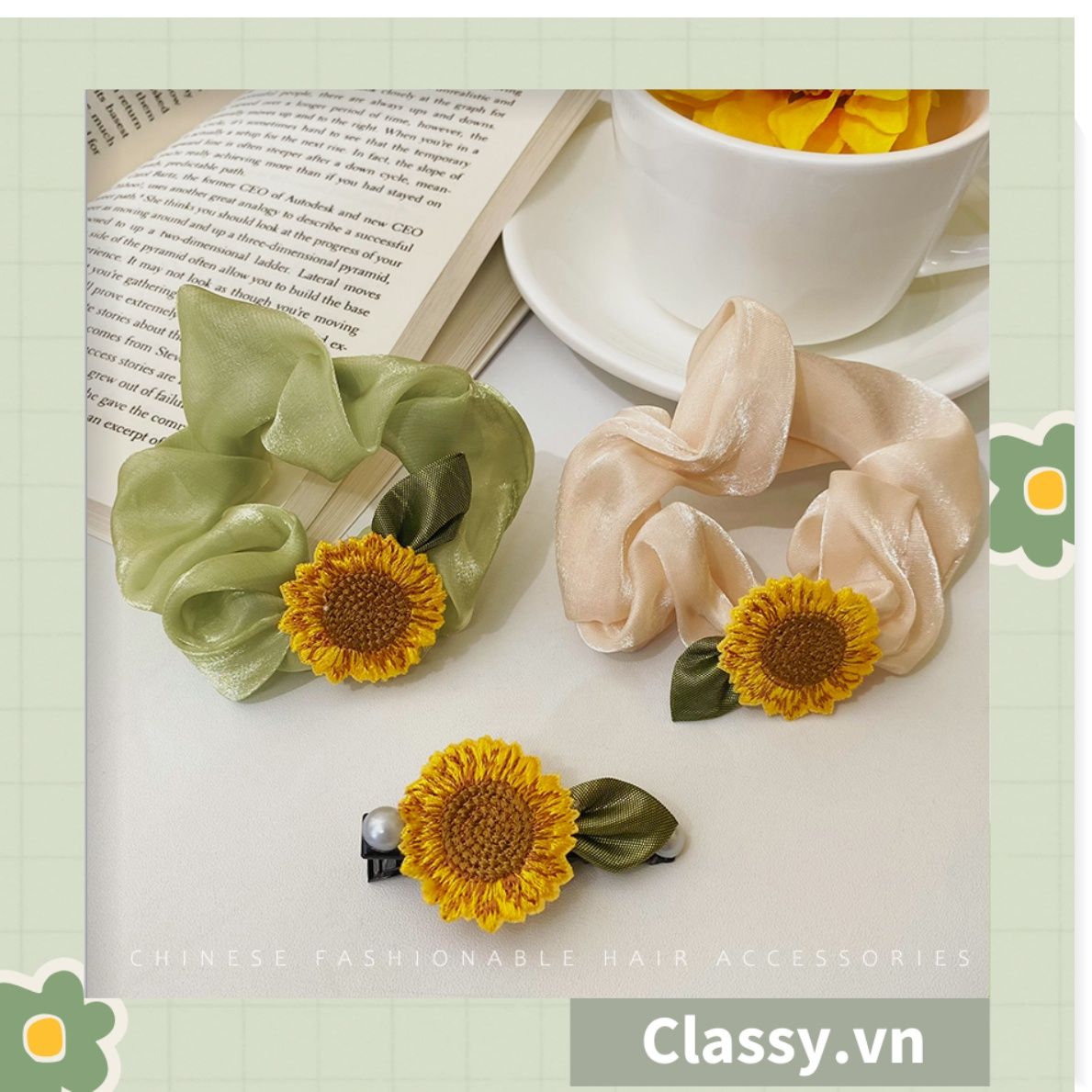  Classy Dây cột tóc, Scrunchies hoa hướng dương phong cách hàn quốc PK1575 