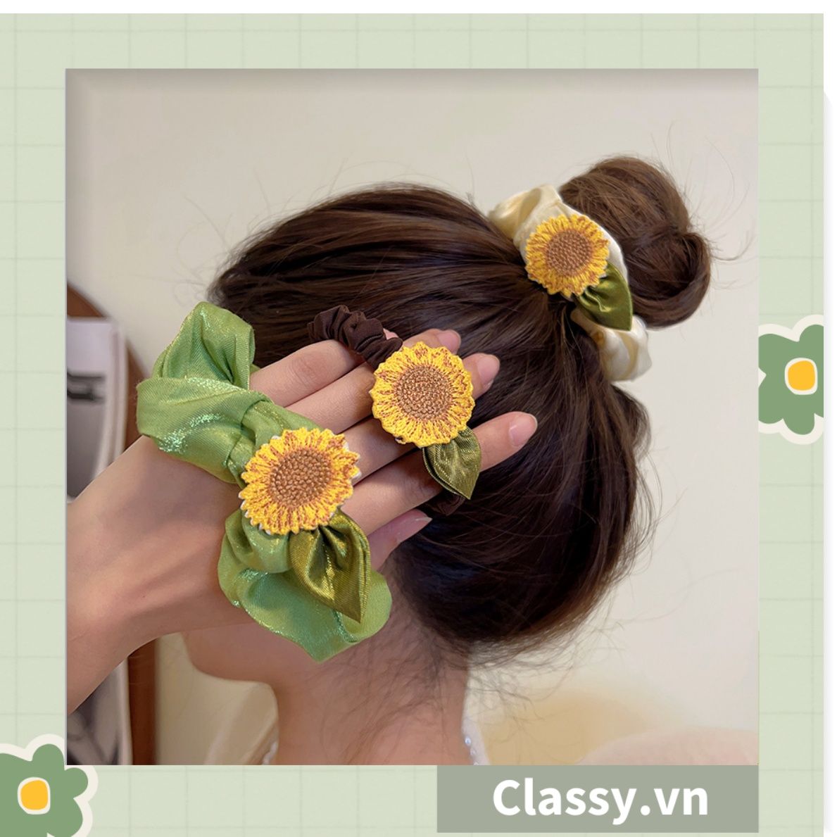 Classy Dây cột tóc, Scrunchies hoa hướng dương phong cách hàn quốc PK1575