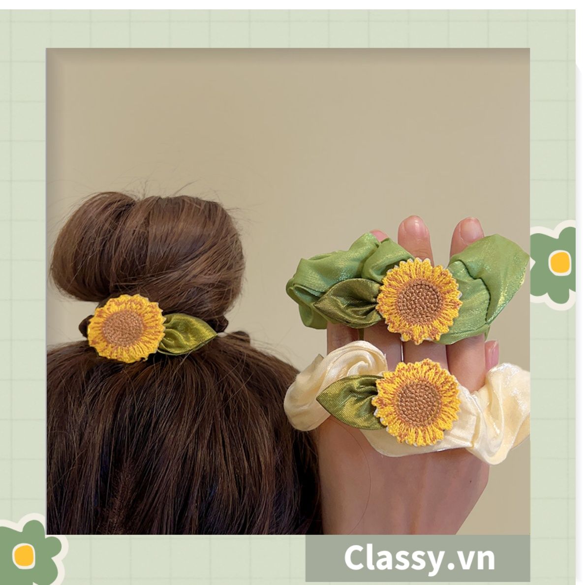Classy Dây cột tóc, Scrunchies hoa hướng dương phong cách hàn quốc PK1575
