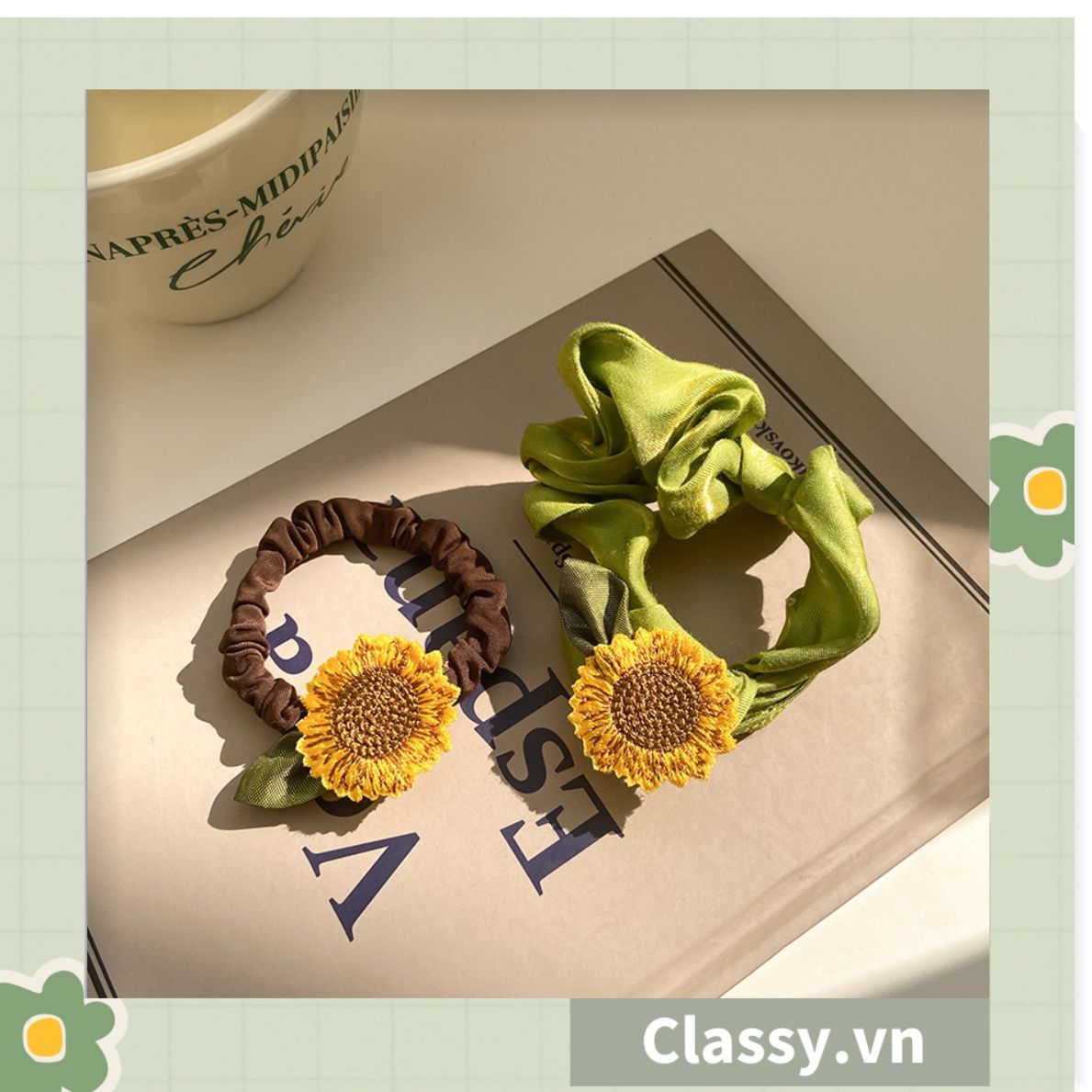 Classy Dây cột tóc, Scrunchies hoa hướng dương phong cách hàn quốc PK1575