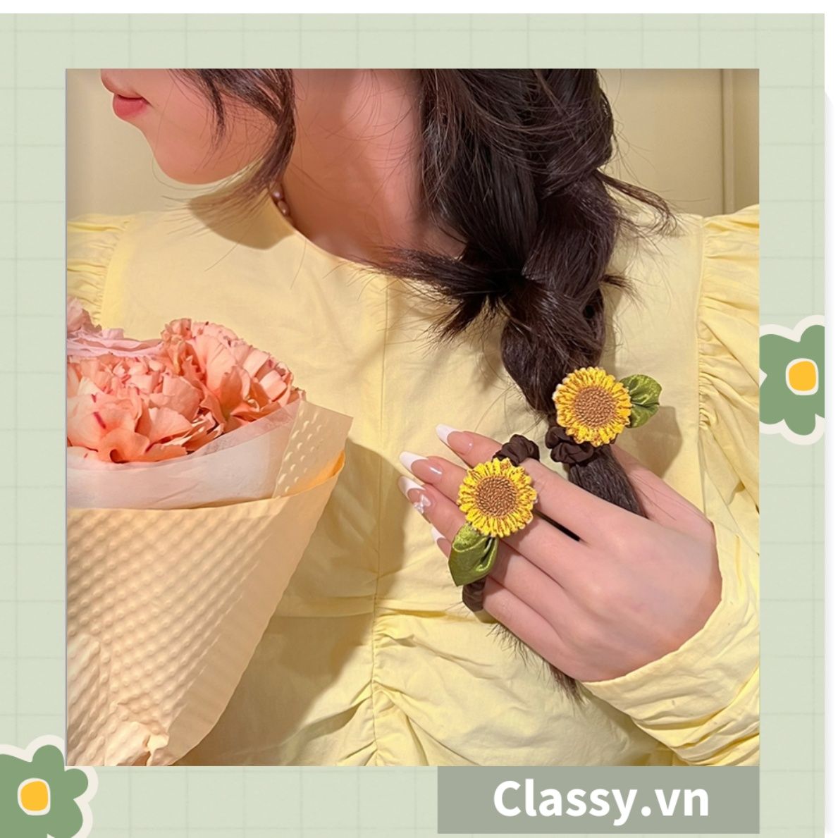 Classy Dây cột tóc, Scrunchies hoa hướng dương phong cách hàn quốc PK1575