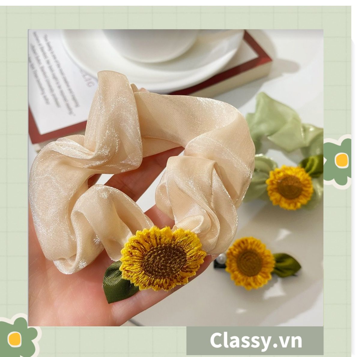  Classy Dây cột tóc, Scrunchies hoa hướng dương phong cách hàn quốc PK1575 