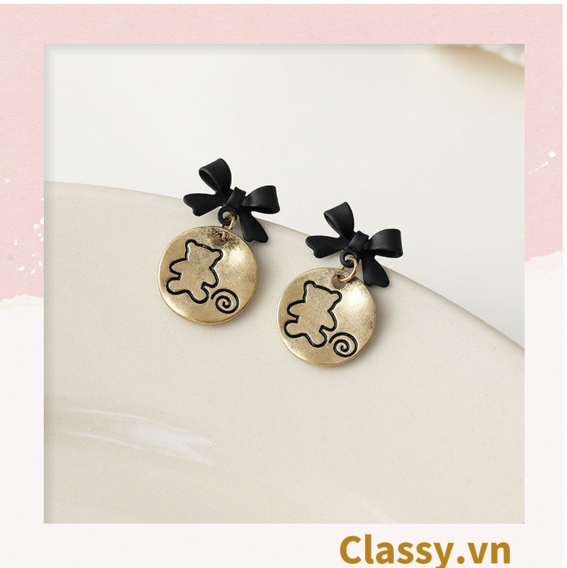 Classy Khuyên tai bản tròn họa tiết gấu dễ thương PK1604