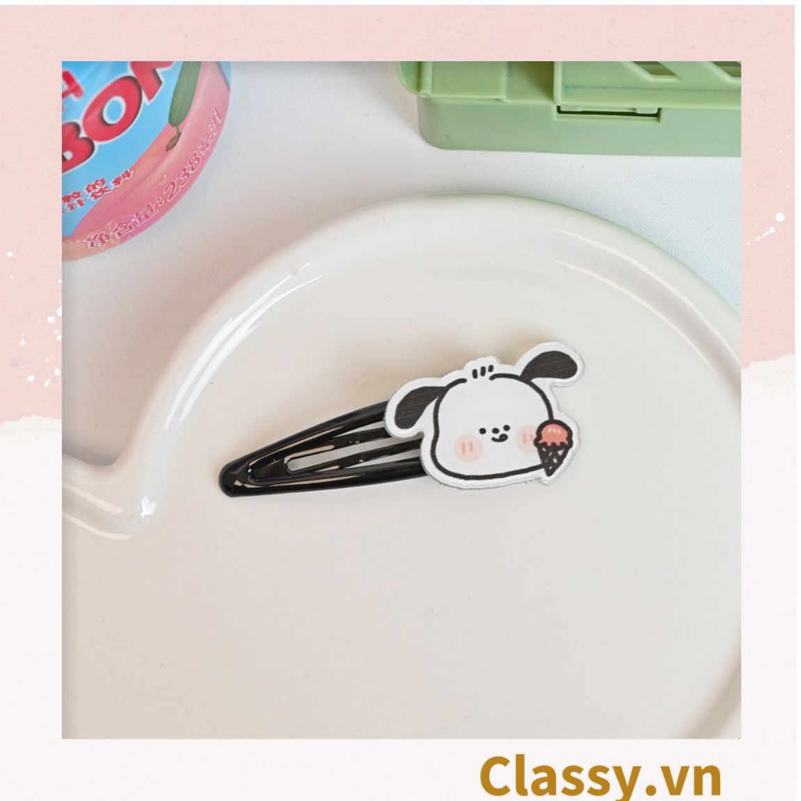 Classy Kẹp tóc mái họa tiết dễ thương, màu trắng đen PK1621