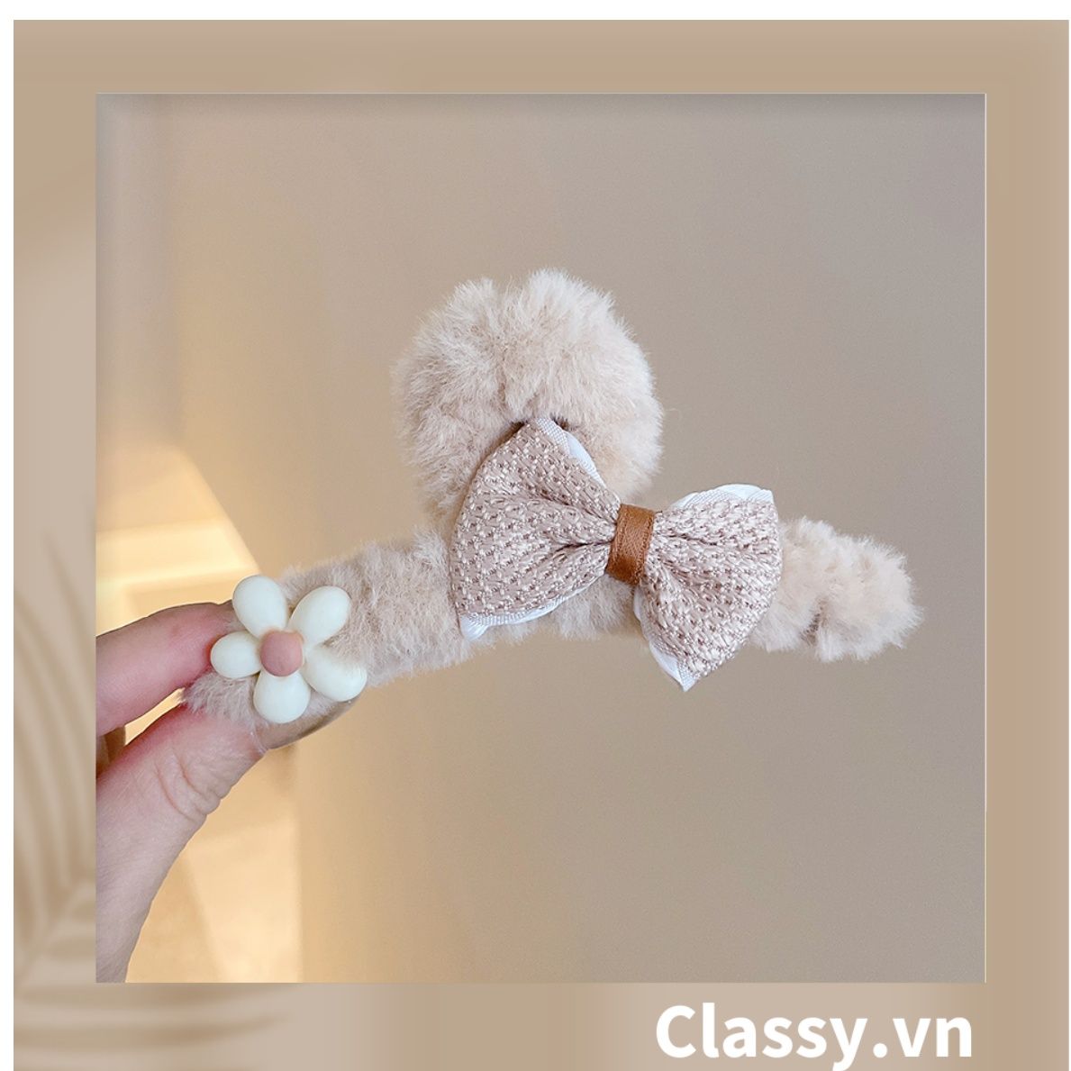  Classy Kẹp càng cua đính nơ, đính hoa màu be sang trọng PK1626 