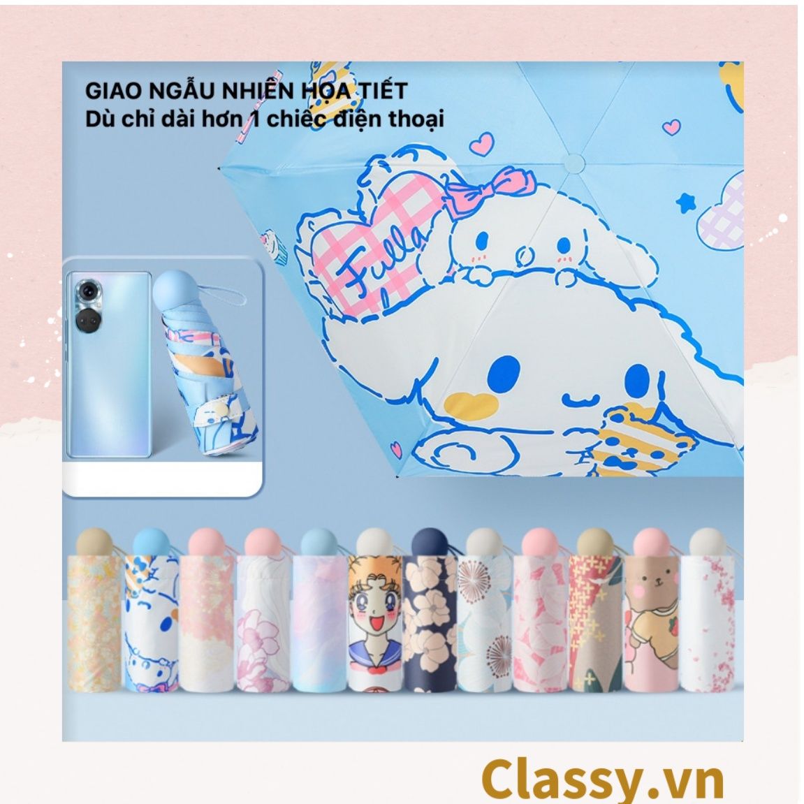 Classy giao ngẫu nhiên Ô dù đi nắng chỉ số SPF50+ chống tia UV nhiều họa tiết của mùa hè rực rỡ loại dù Gấp 3, họa tiết cute PK1637