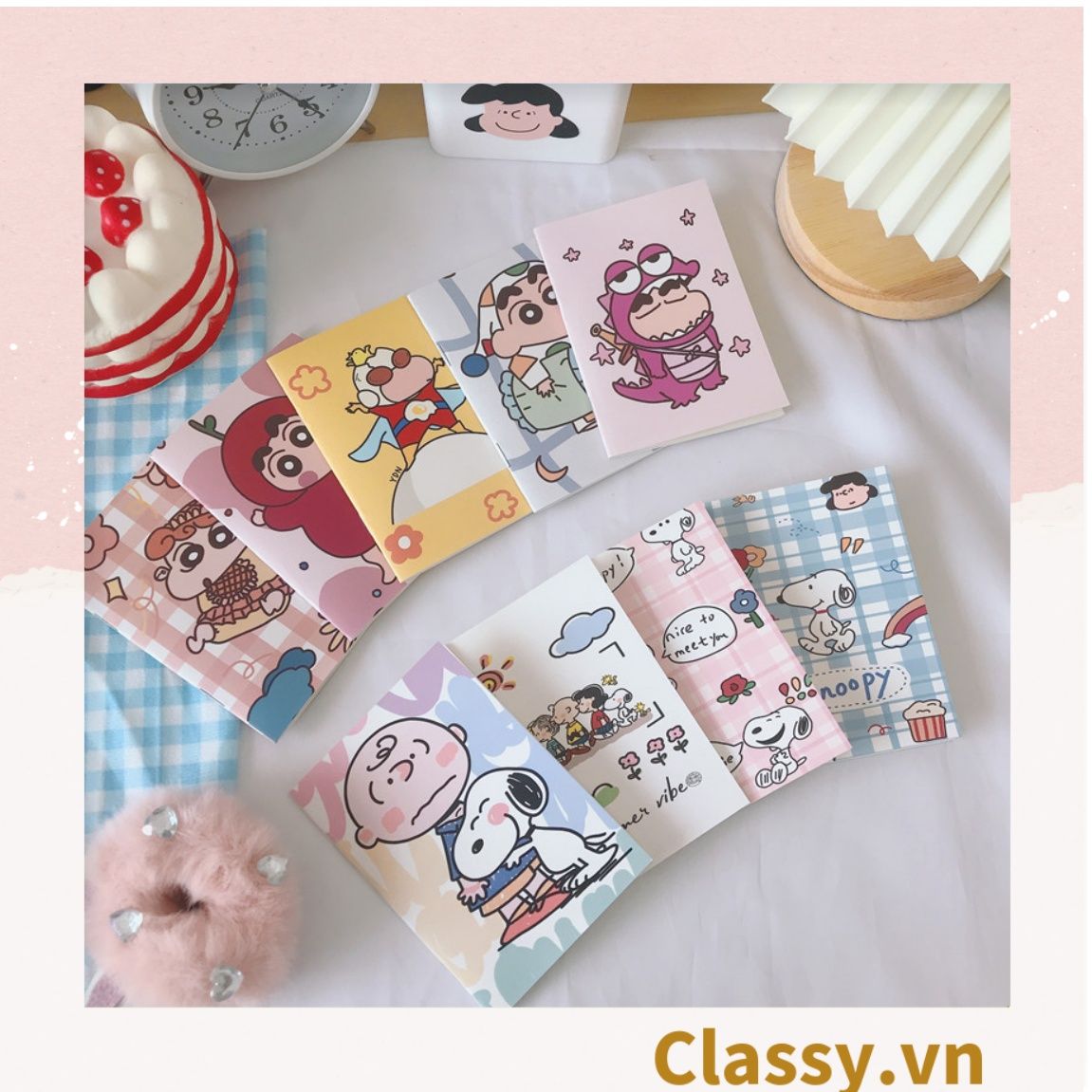 Sổ tay mini size a7, họa tiết hoạt hình ngẫu nhiên thỏ, cún hoặc bé Shin công thức tiện lợi mang theo bên người PK1655