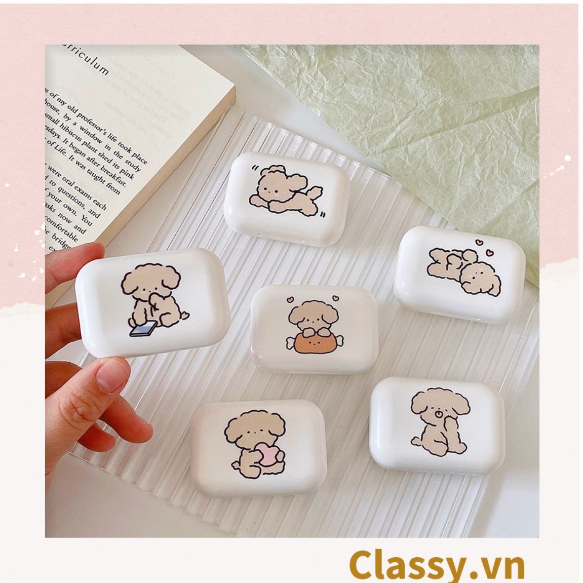 Hộp đựng kính áp tròng màu trắng họa tiết chú cún mix ngẫu nhiên 1 khay đựng lens, có gương soi PK1659