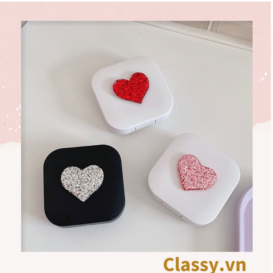 Classy Hộp đựng kính áp tròng 2 màu đen trắng đính hạt bling bling, họa tiết trái tim PK1670 | Hộp đựng kính áp tròng