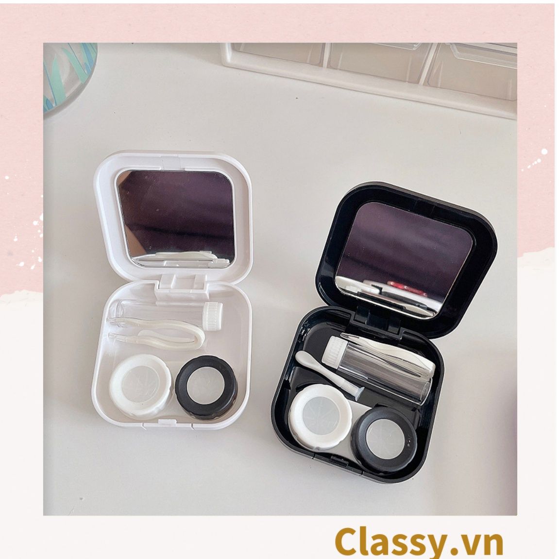 Classy Hộp đựng kính áp tròng 2 màu đen trắng đính hạt bling bling, họa tiết trái tim PK1670 | Hộp đựng kính áp tròng