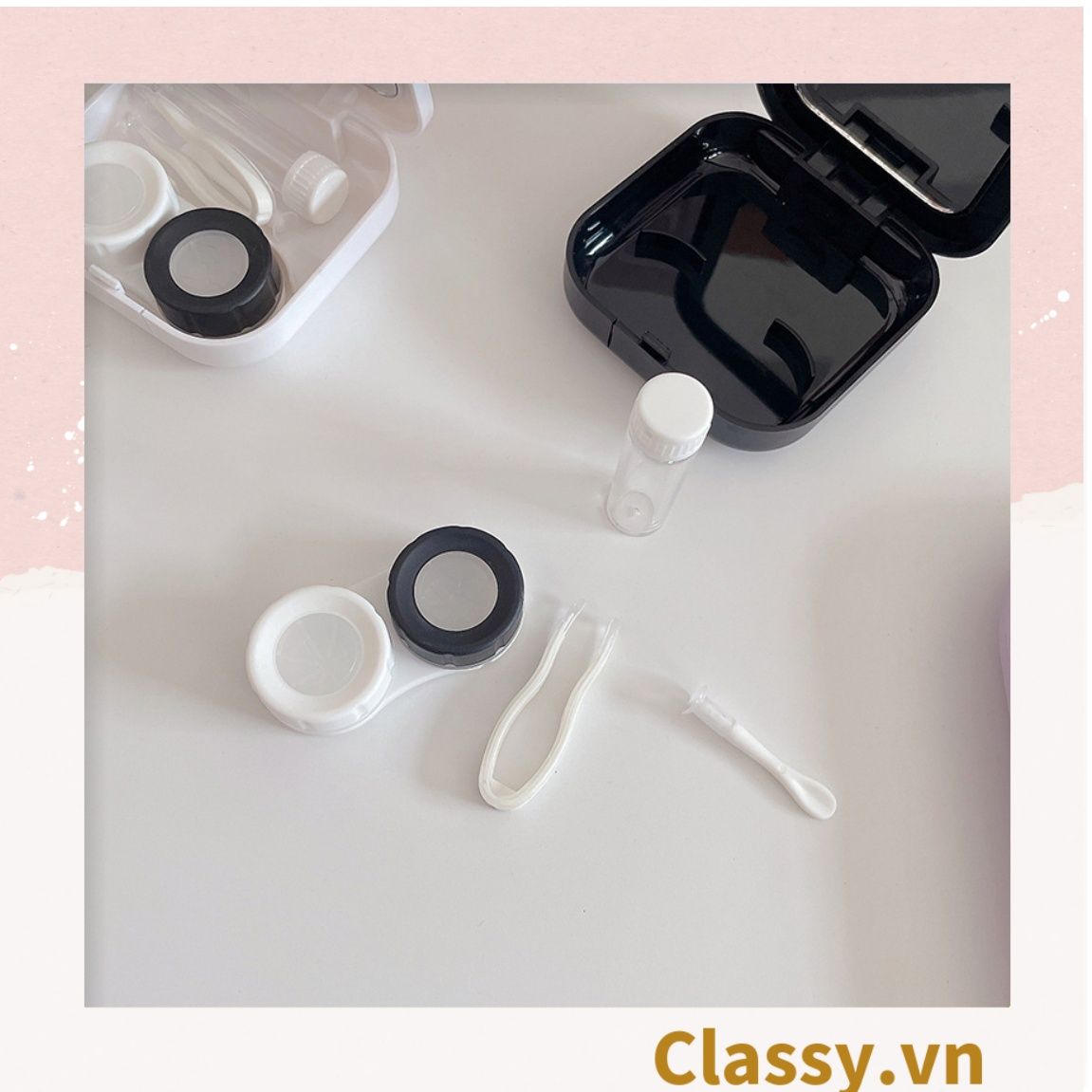 Classy Hộp đựng kính áp tròng 2 màu đen trắng đính hạt bling bling, họa tiết trái tim PK1670 | Hộp đựng kính áp tròng