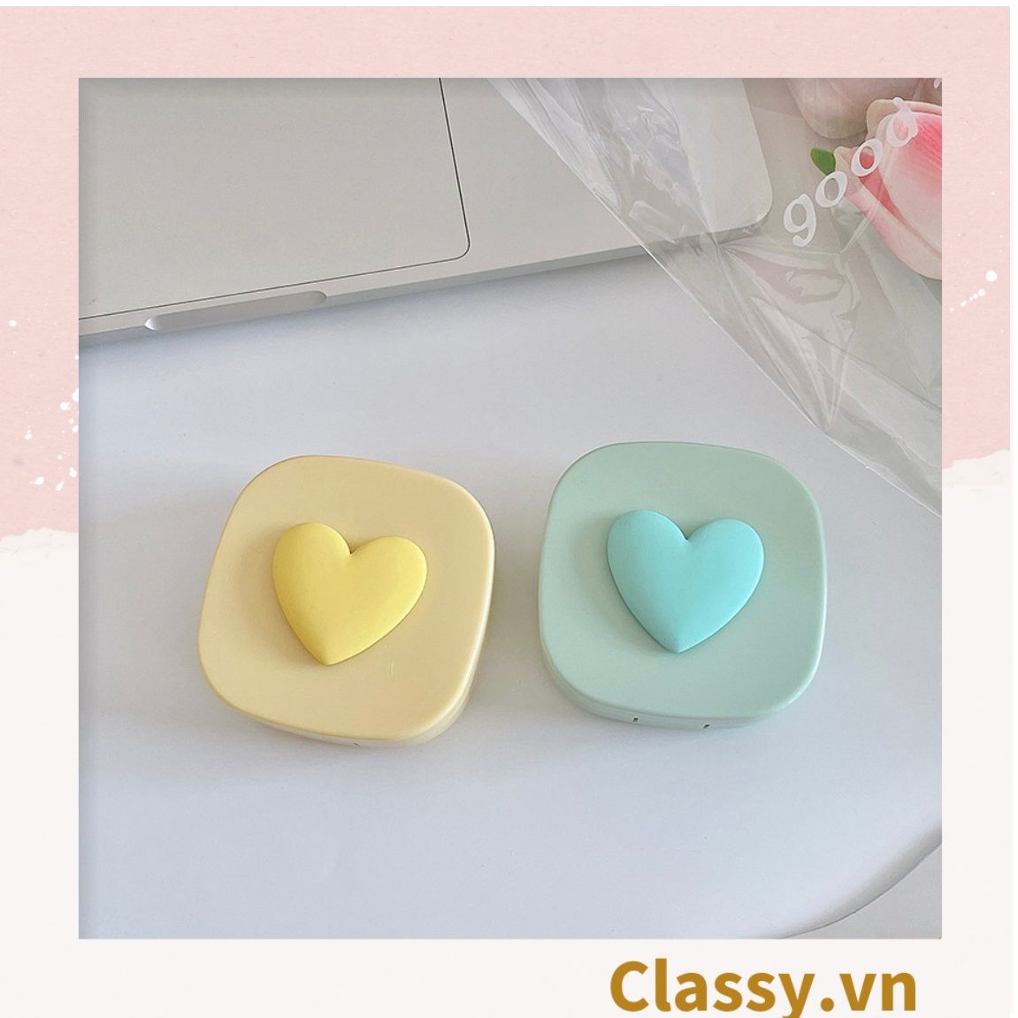  Classy Hộp đựng kính áp tròng tông màu pastel nhẹ nhàng, họa tiết trái tim PK1673 | Hộp đựng kính áp tròng 