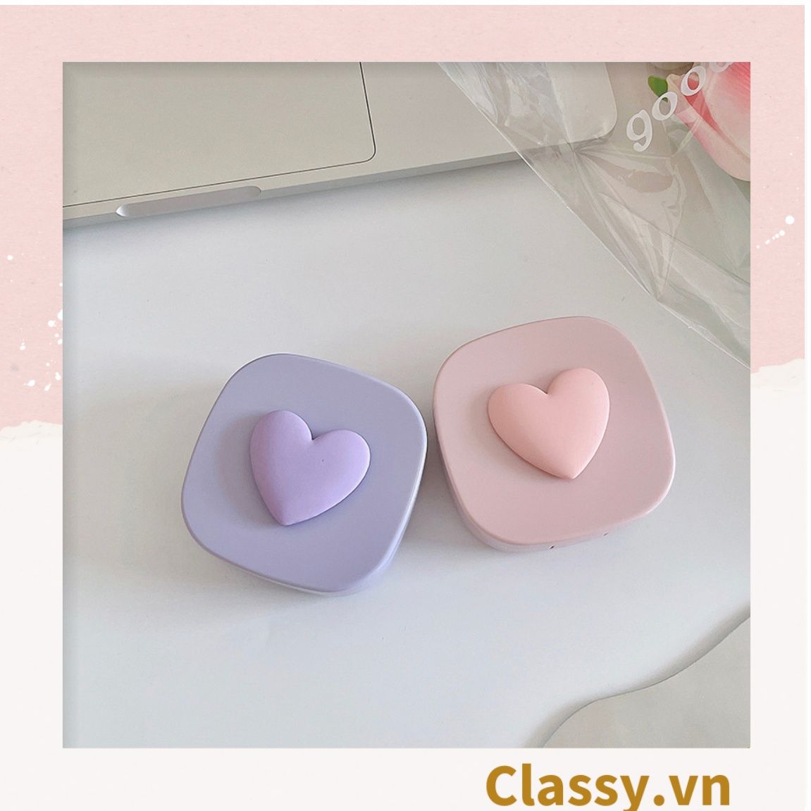  Classy Hộp đựng kính áp tròng tông màu pastel nhẹ nhàng, họa tiết trái tim PK1673 | Hộp đựng kính áp tròng 