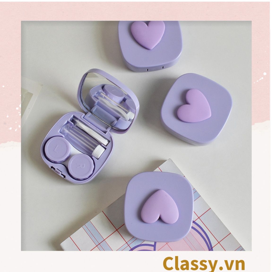  Classy Hộp đựng kính áp tròng tông màu pastel nhẹ nhàng, họa tiết trái tim PK1673 | Hộp đựng kính áp tròng 