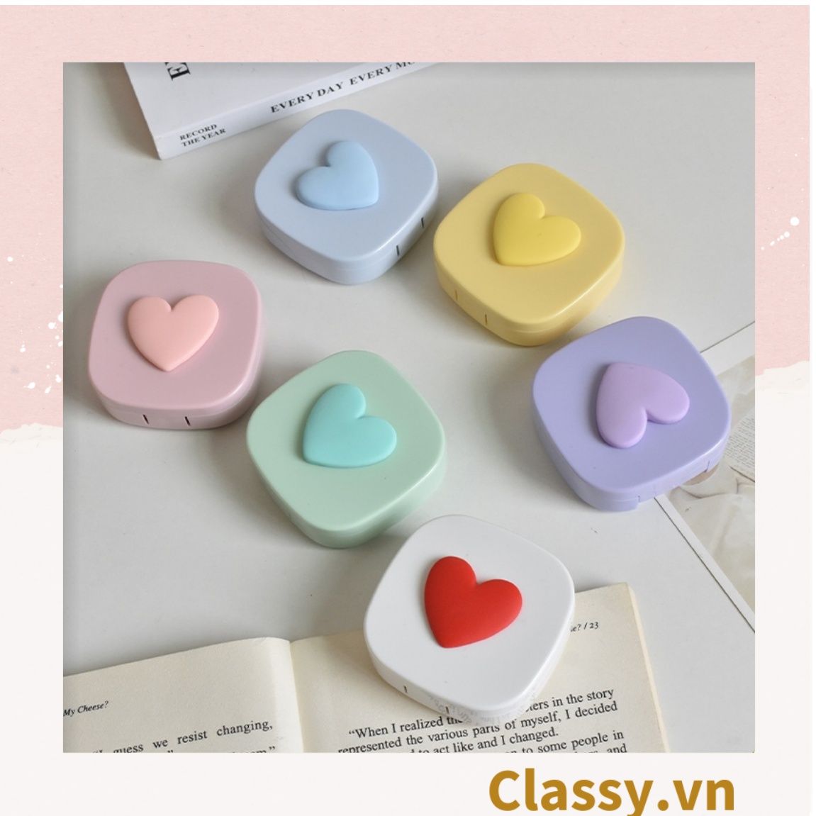  Classy Hộp đựng kính áp tròng tông màu pastel nhẹ nhàng, họa tiết trái tim PK1673 | Hộp đựng kính áp tròng 