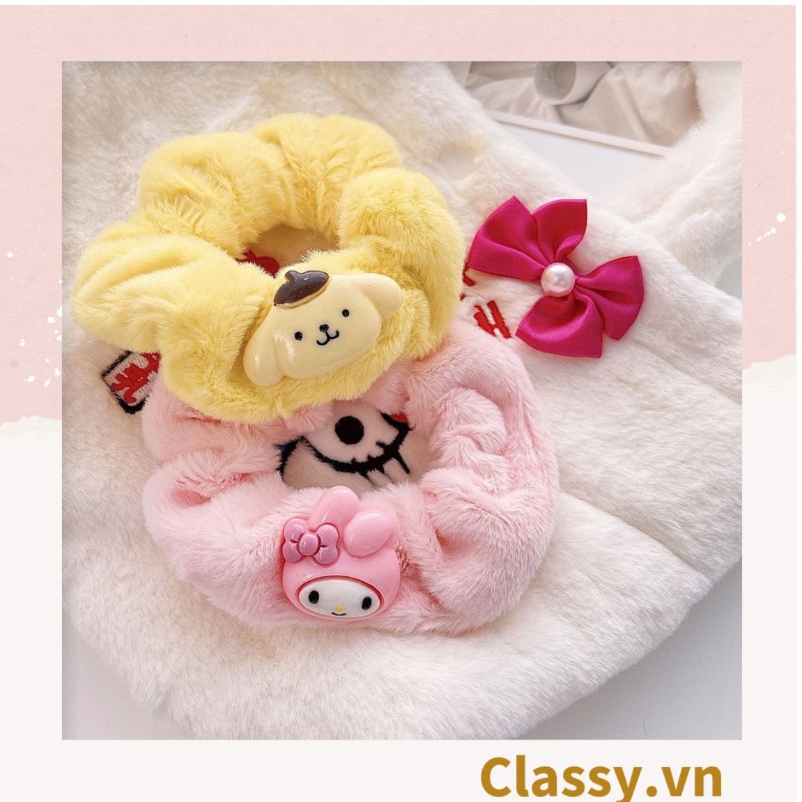  Dây cột tóc scrunchies bằng bằng lông, đính họa tiết hoạt hình cún, gấu giao ngẫu nhiên mix hàn quốc dành cho nữ PK1676 