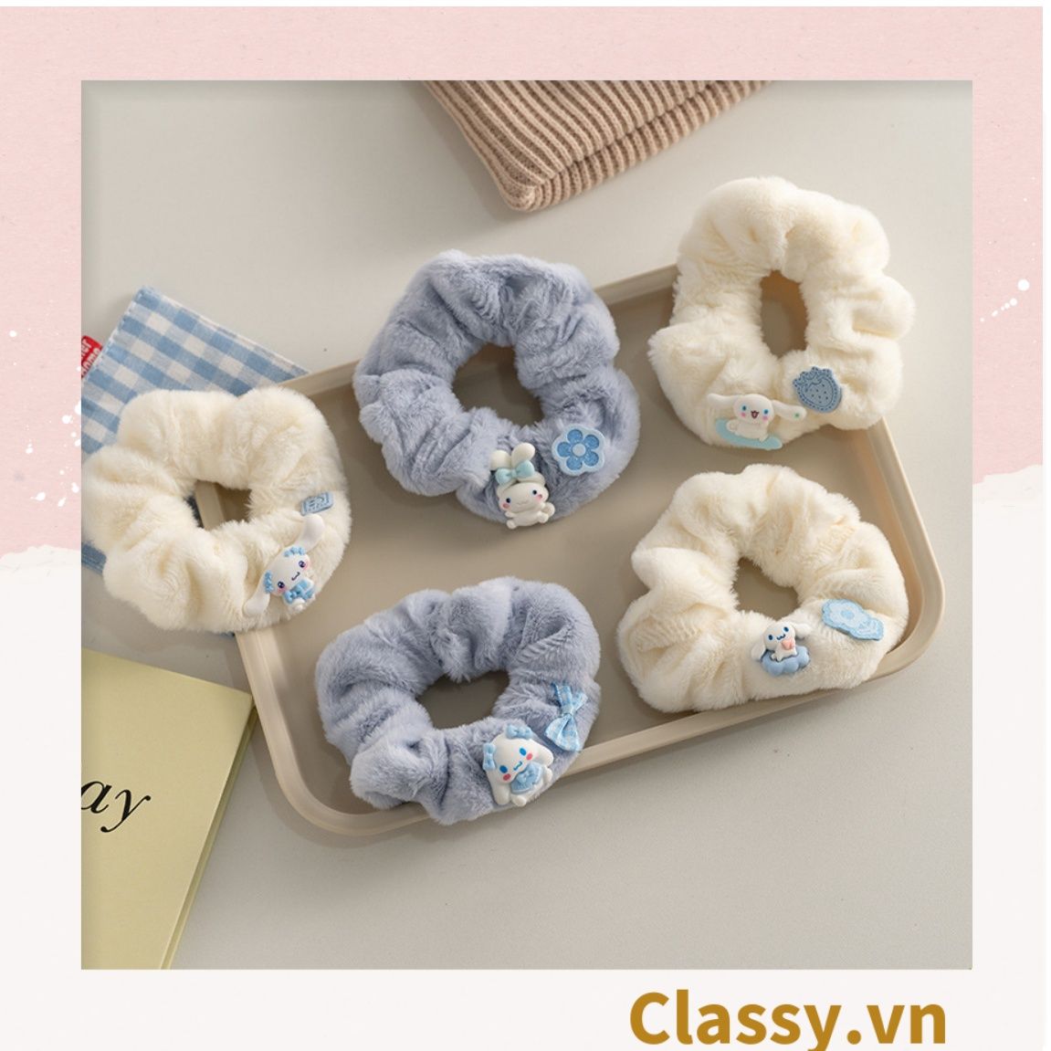  Dây cột tóc scrunchies bằng bằng lông, đính họa tiết hoạt hình cún, gấu giao ngẫu nhiên mix hàn quốc dành cho nữ PK1676 