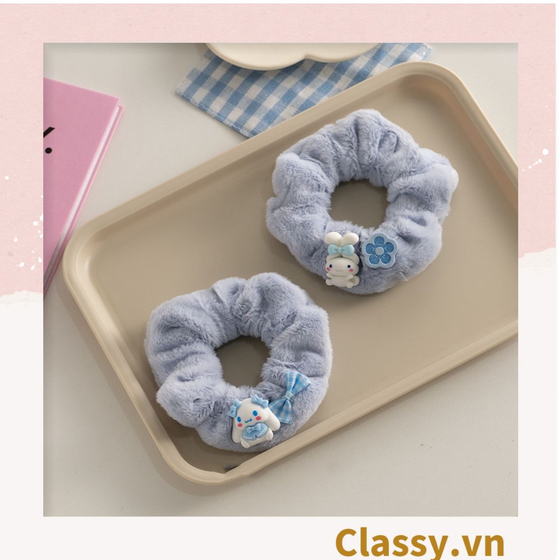  Dây cột tóc scrunchies bằng bằng lông, đính họa tiết hoạt hình cún, gấu giao ngẫu nhiên mix hàn quốc dành cho nữ PK1676 