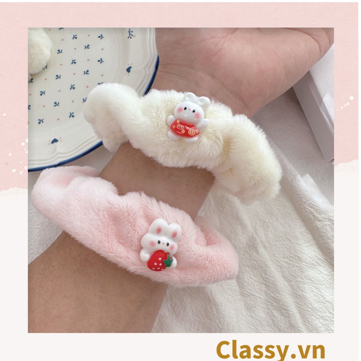  Dây cột tóc scrunchies bằng bằng lông, đính họa tiết hoạt hình cún, gấu giao ngẫu nhiên mix hàn quốc dành cho nữ PK1676 