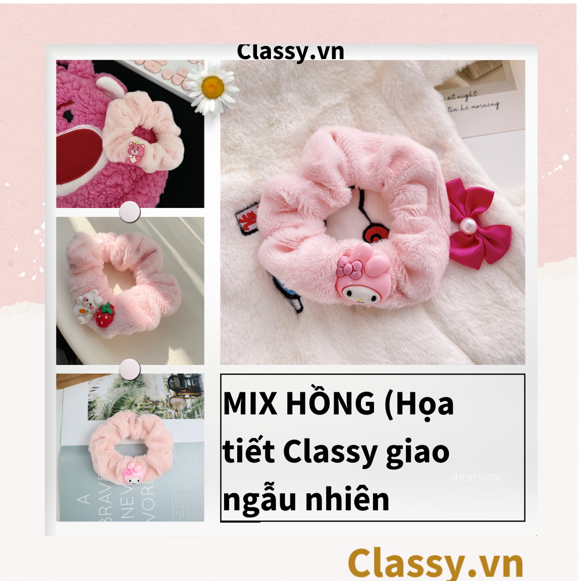  Dây cột tóc scrunchies bằng bằng lông, đính họa tiết hoạt hình cún, gấu giao ngẫu nhiên mix hàn quốc dành cho nữ PK1676 