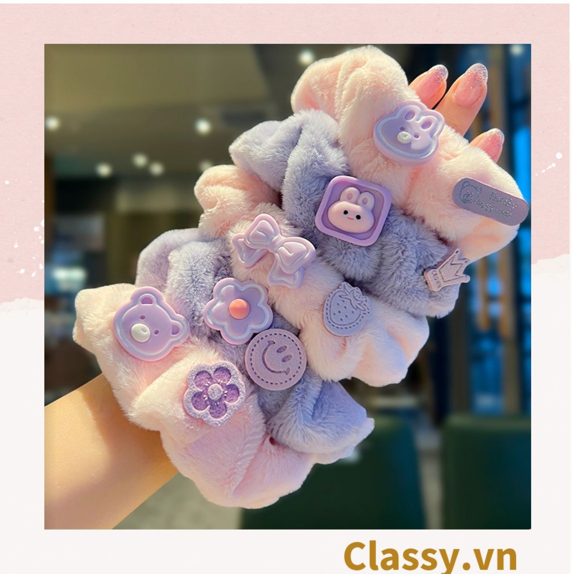  Dây cột tóc scrunchies bằng bằng lông, đính họa tiết hoạt hình cún, gấu giao ngẫu nhiên mix hàn quốc dành cho nữ PK1676 