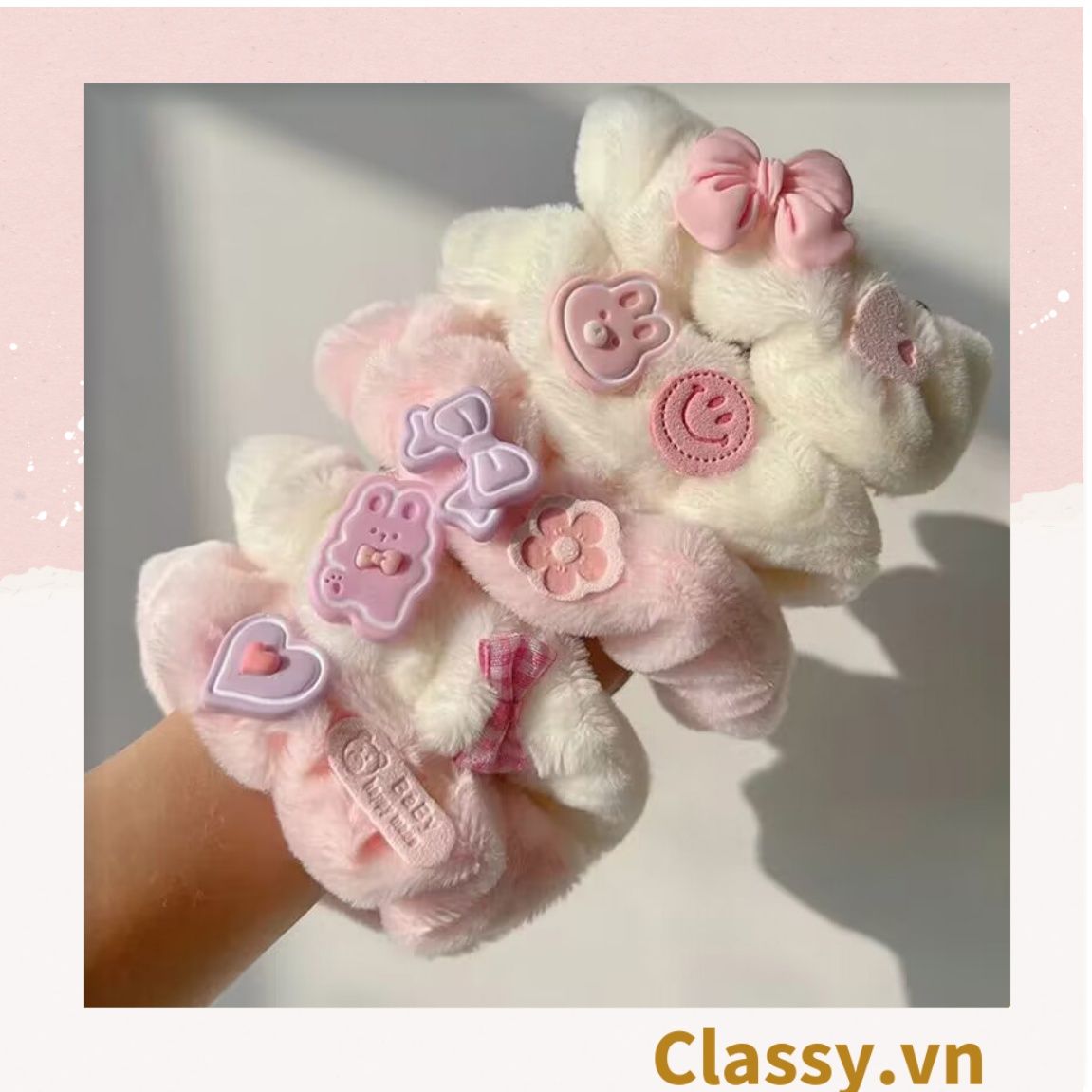  Dây cột tóc scrunchies bằng bằng lông, đính họa tiết hoạt hình cún, gấu giao ngẫu nhiên mix hàn quốc dành cho nữ PK1676 